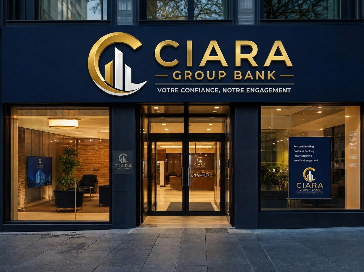 CIARA Group Bank branch facade at dusk