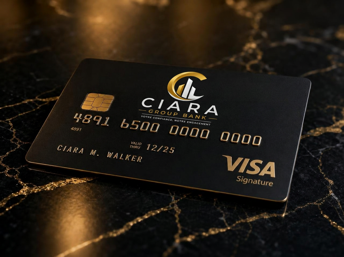 CIARA Group Bank Black Visa card on black and gold marble